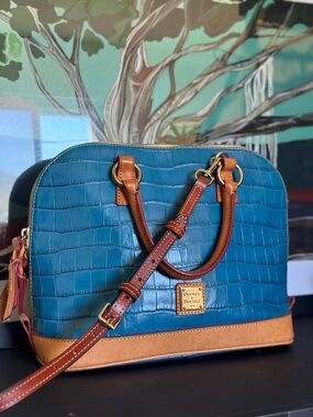 Dooney & Bourke Marine Croco Embossed Zip Zip Satchel in blue leather tan trim